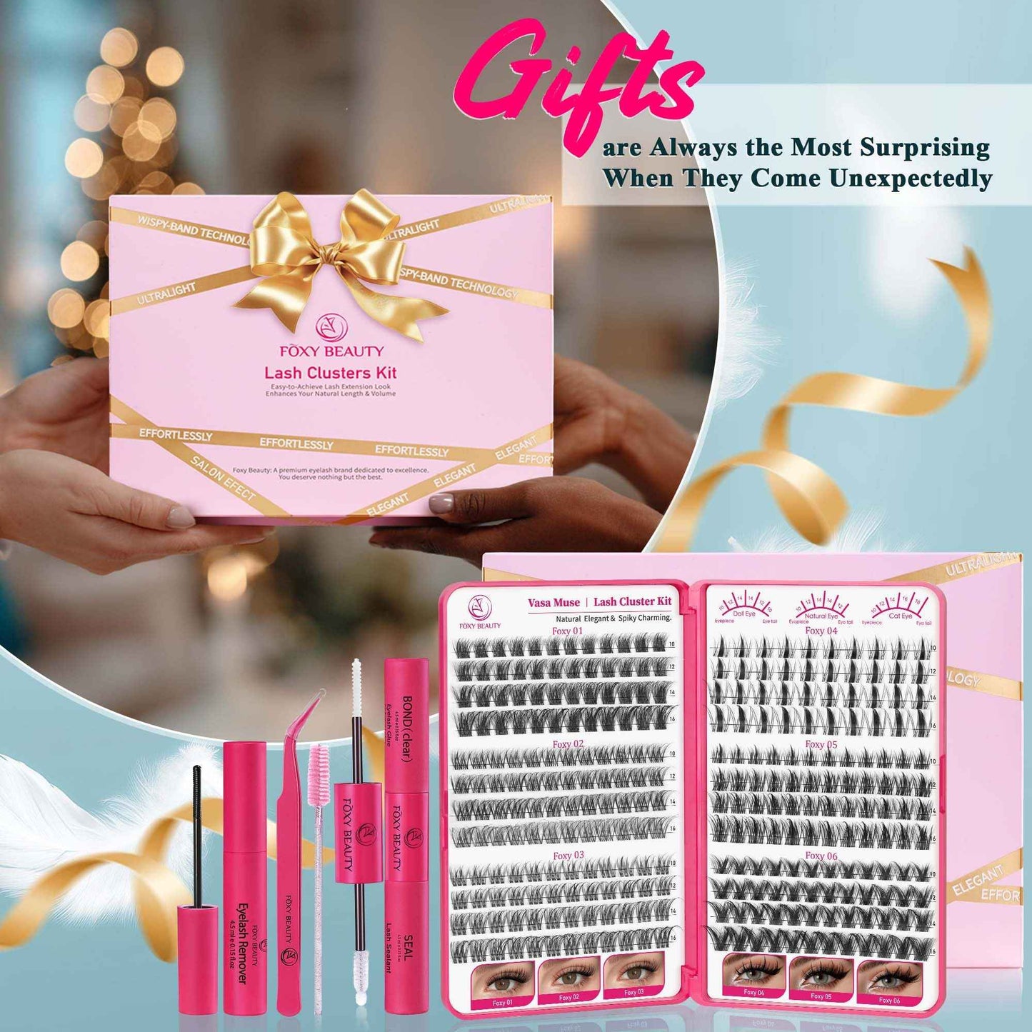 Vasa Muse Premium Lash Clusters Kit - 10-16mm Wispy Natural & Fairy Spiky WideSpan Individual Eyelash Clusters 0.05mm Ultra-thin Invisible band Eyelash Extension Kit with Bond Seal for Starter DIY