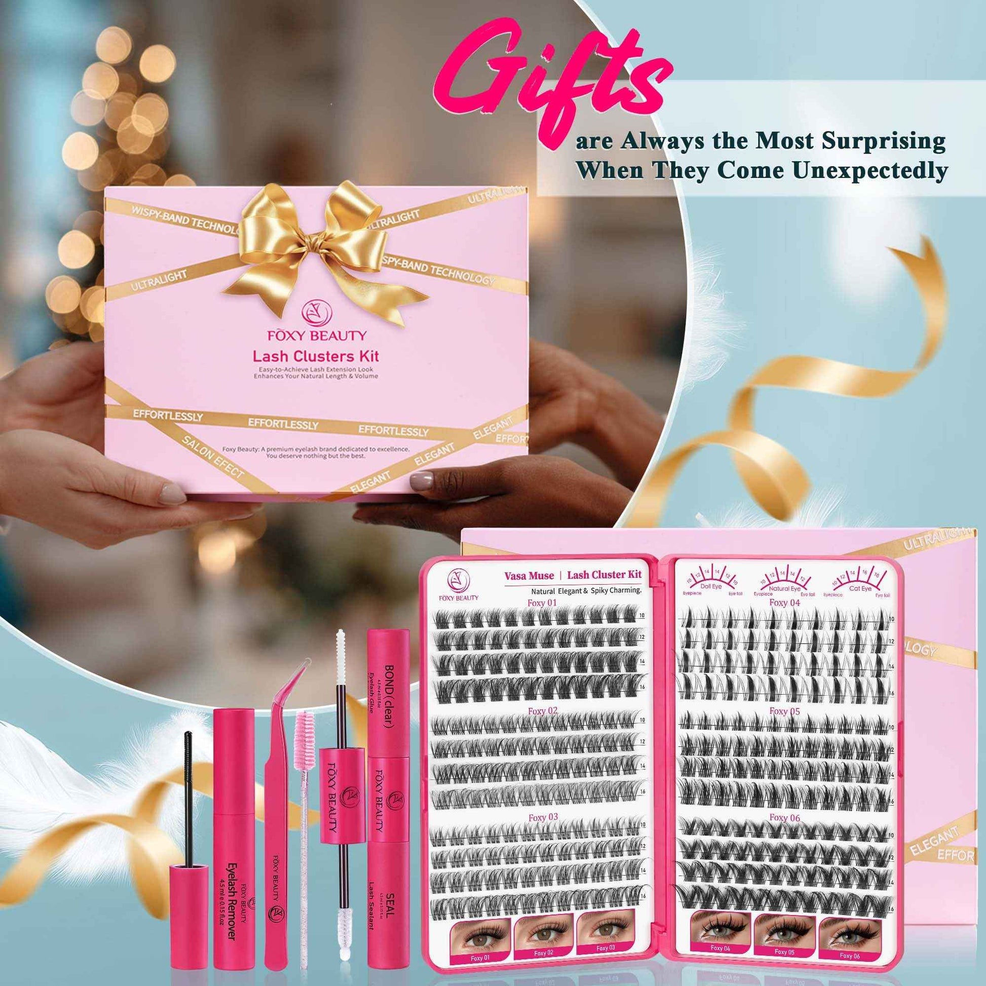 Vasa Muse Premium Lash Clusters Kit - 10-16mm Wispy Natural & Fairy Spiky WideSpan Individual Eyelash Clusters 0.05mm Ultra-thin Invisible band Eyelash Extension Kit with Bond Seal for Starter DIY