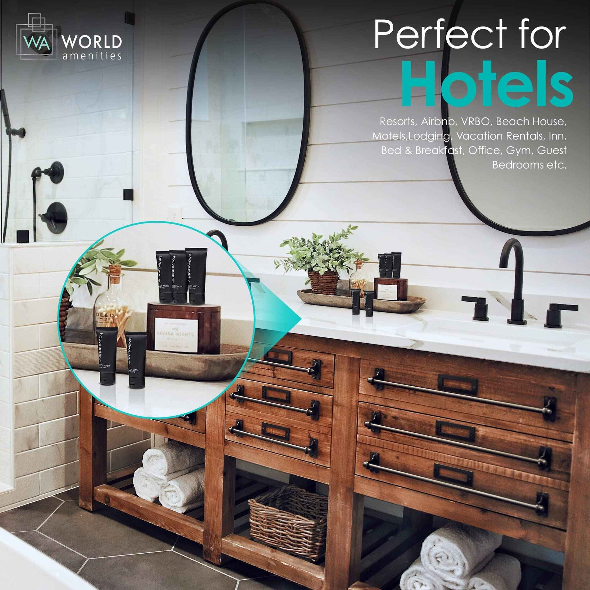 World Amenities - Bodyography - Bulk Body Wash | 50 Count, 1.4oz | Lavender Peppermint, Mini Travel Size Toiletries (100% Recyclable Tube with Flip Top Cap) Hotel Amenities.