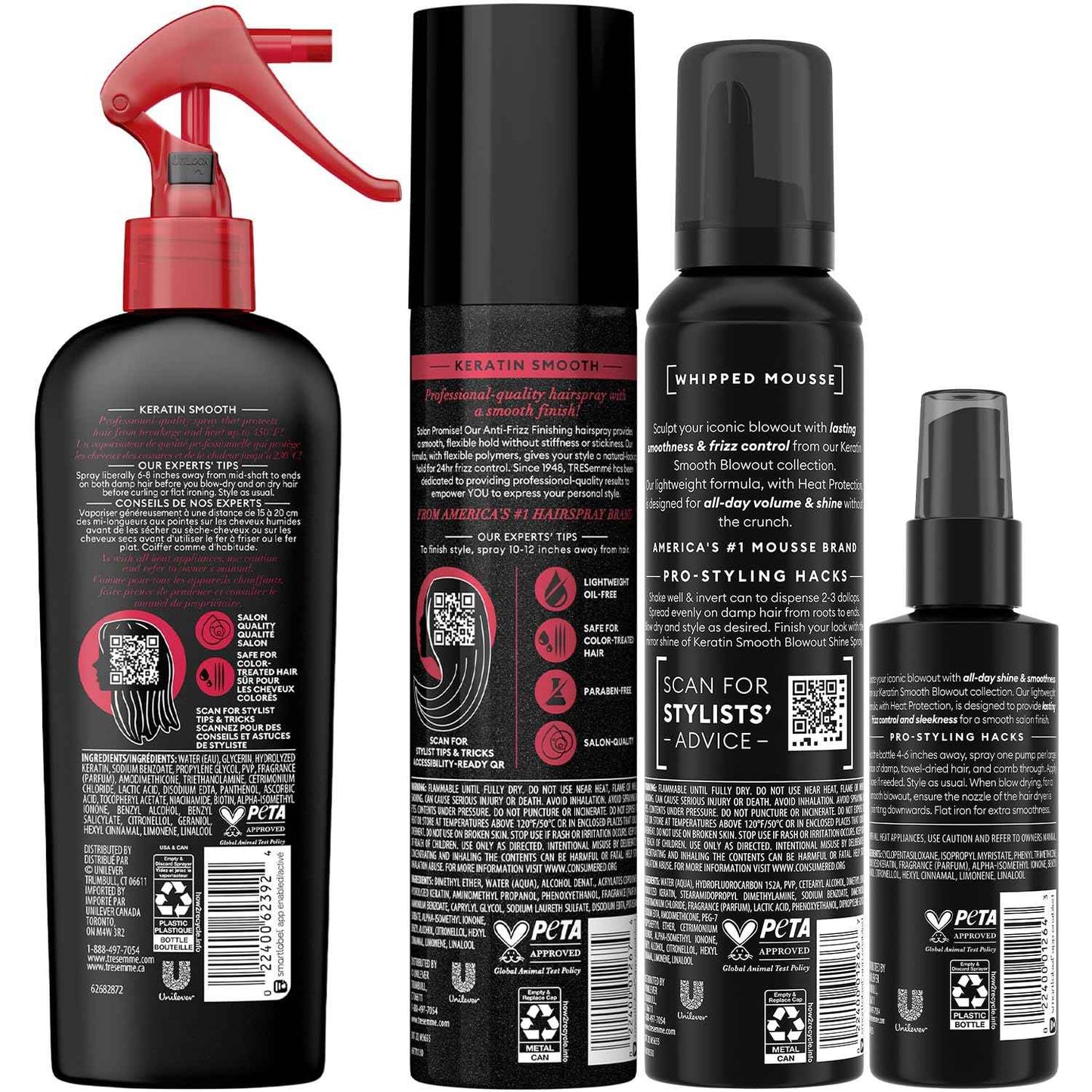 TRESemmé Keratin Smooth Blowout Hair Styling Bundle – Mousse + Finishing, Protecting Heat & Shine Sprays, Frizz Control