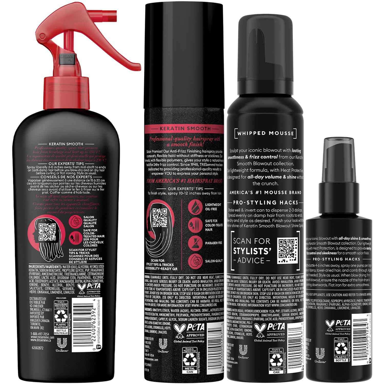 TRESemmé Keratin Smooth Blowout Hair Styling Bundle – Mousse + Finishing, Protecting Heat & Shine Sprays, Frizz Control