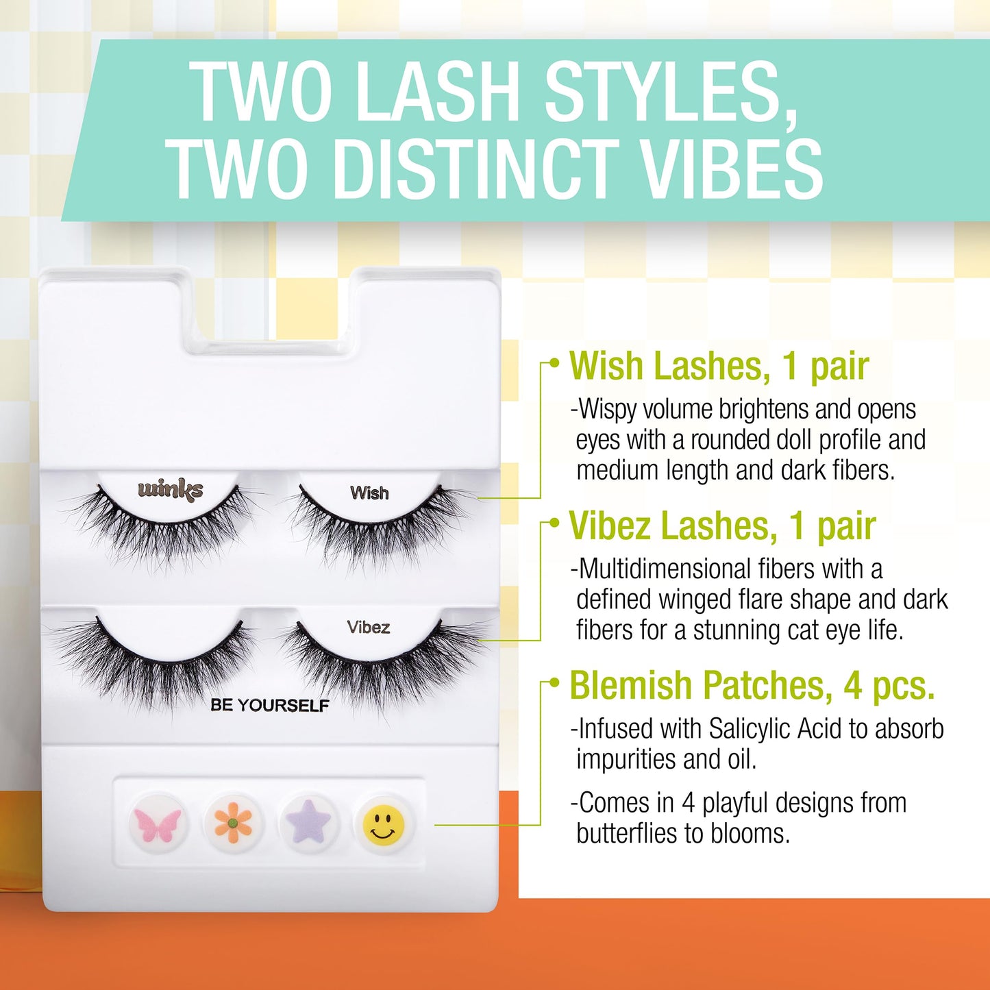 Ardell Winks Be Yourself Lashes & Patches Kit, Wish + Vibez Dual Eyelash Set for Expressive Looks, with 4 Blemish Stickers, 1-pack