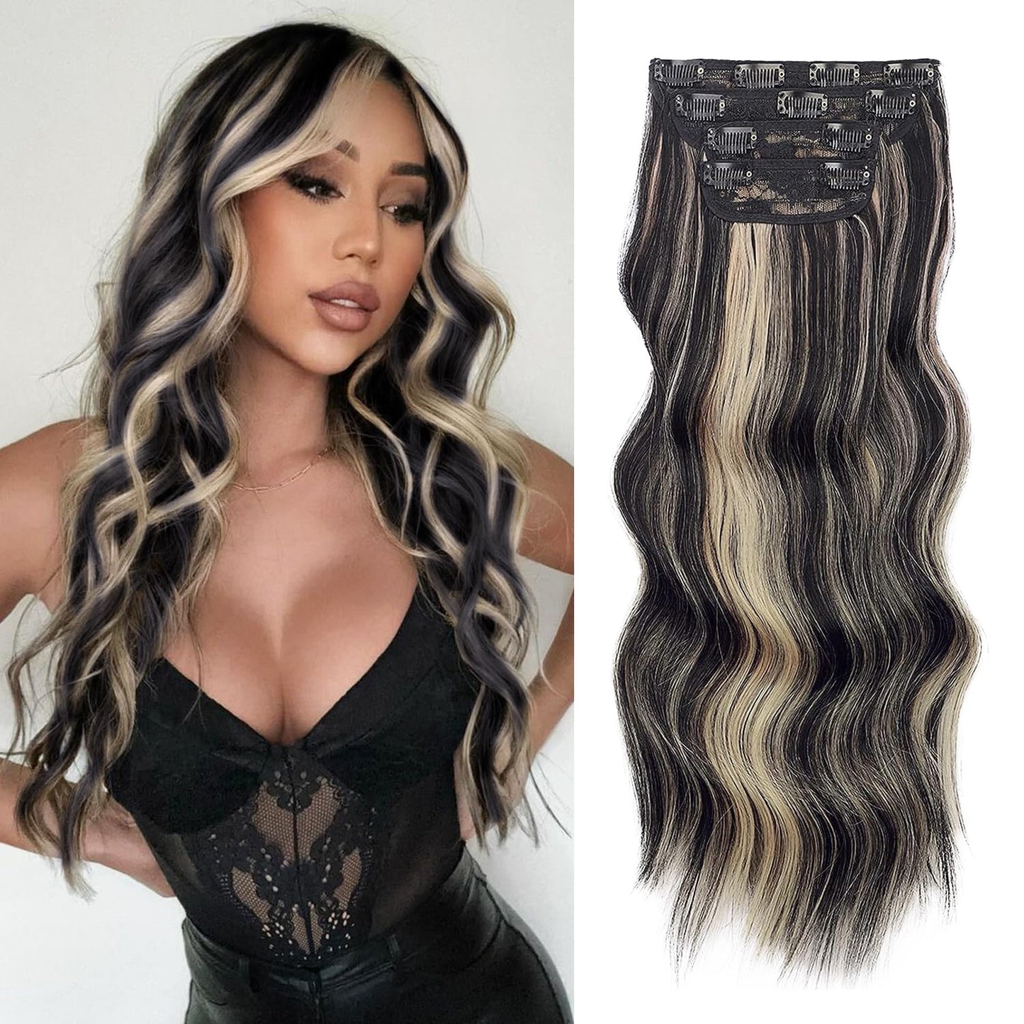 Vigorous Clip in Hair Extensions Black Mix Blonde Long Hair Extensions Clip Ins Soft Synthetic Hairpieces for Women