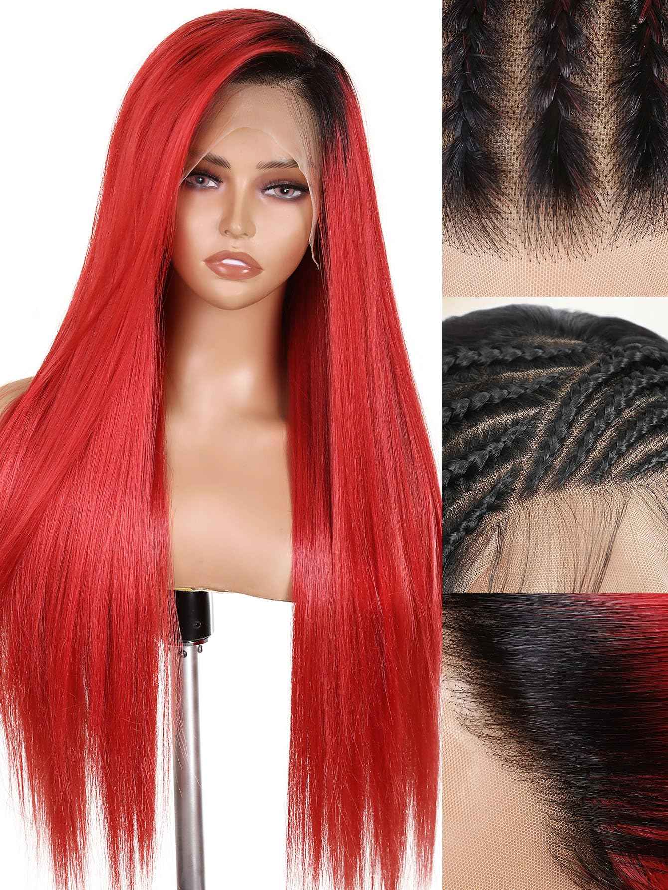 WIGNEE 13x6 Synthetic Lace Front Wig 28" Long Straight Wig Red Kanekalon Futura Synthetic Wigs for Black Women Pre-Plucked Glueless Wig for Daily Party Use