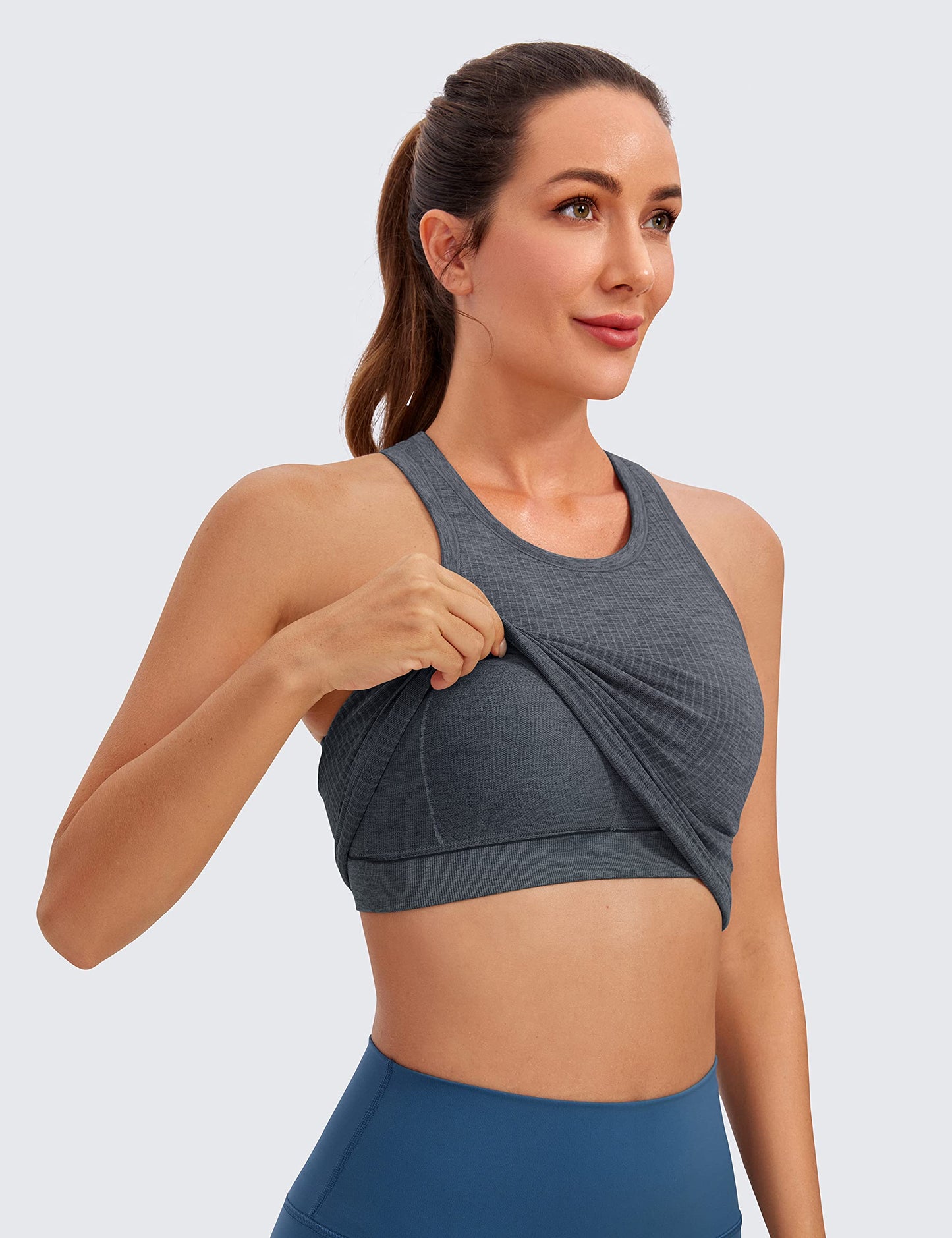 CRZ YOGA Womens Seamless Ribbed Longline High Neck Sports Bra - Racerback Padded Slim Fit Crop Tank Top with Built in Bra Light Gray Heather XX-Small