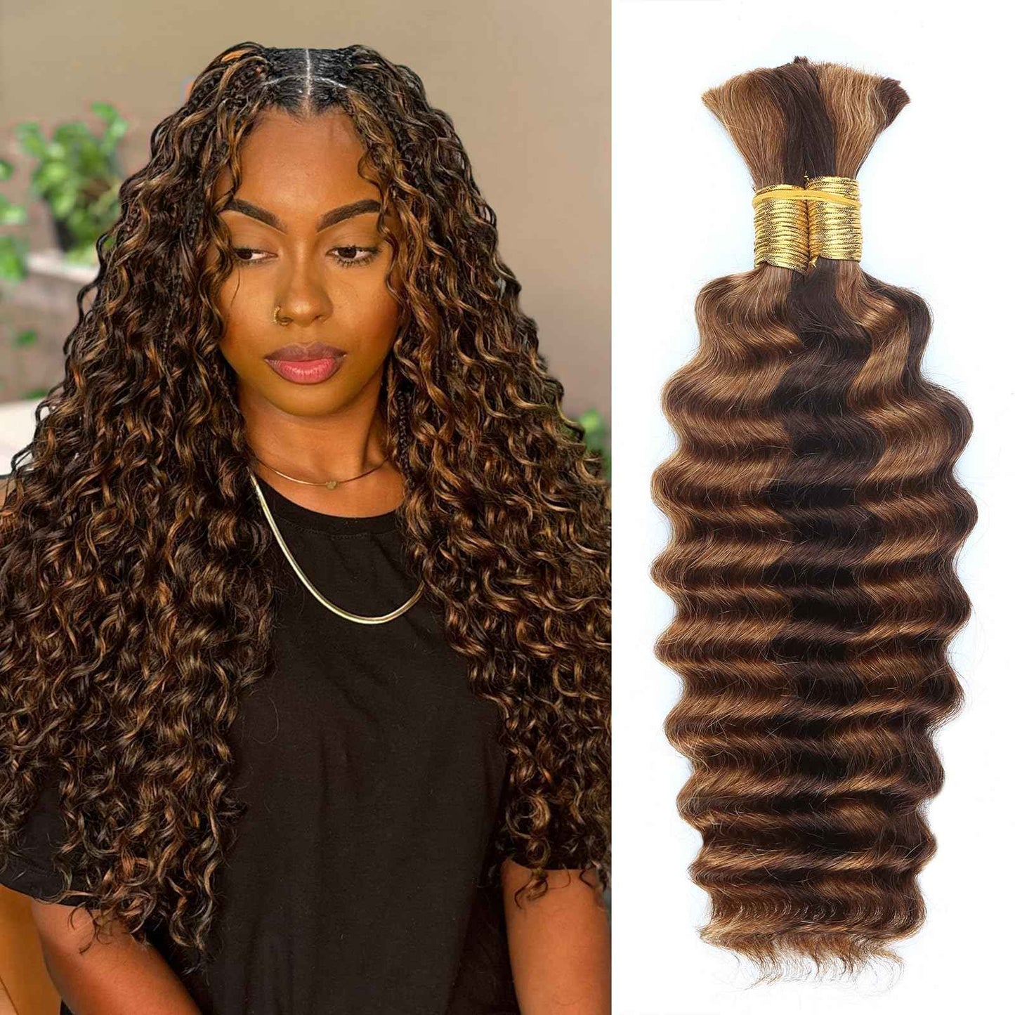 Human Braiding Hair 16 Inch 100g 4/30 Ombre Highlight Deep Wave Bulk No Weft Curly Bundles Human Hair Extensions for Boho Knotless Braids (4/30)