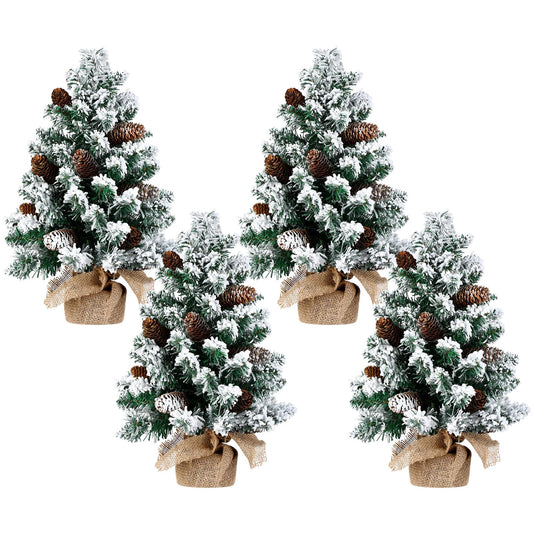 Soaoo 4 Pcs Mini Artificial Snowy Christmas Tree Christmas Table Centerpieces Small Snow Flocked Pine Cone Xmas Tree with Burlap Base for Christmas Holiday Party Tabletop Home Decor, 22 Inch