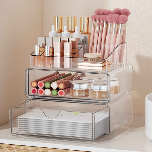DOADW Bathroom Counter Organizer Clear - 3Pcs Stackable Makeup Countertop Organizer for Vanity - Multi-Purpose Skin Care Lipstick Cosmetic Organizer