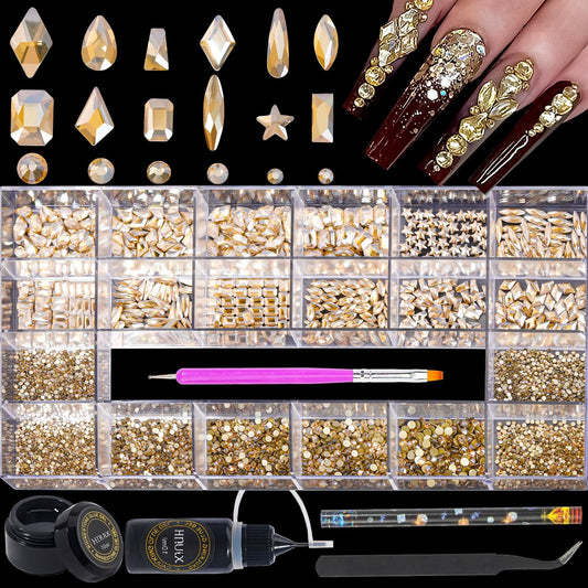 HNUIX Nail Rhinestones - 4550pcs Champagne Gold, Multiple Shape Gems, Flatback Crystal Rhinestones, with Kit and Glue Gel, for Nail Art