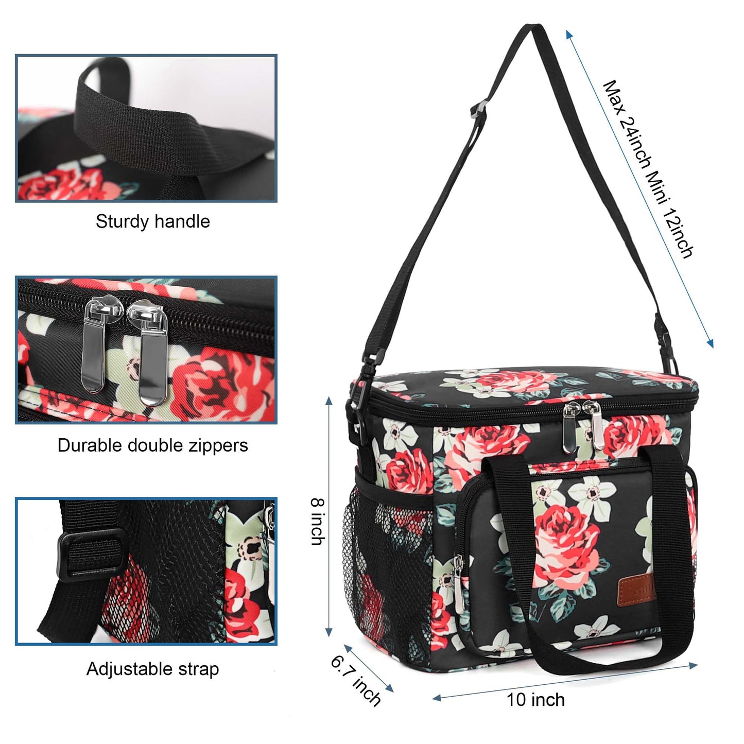 Femuar Lunch Bags for Women/Men, Insulated Lunch Bag for Work Office Picnic - Lunch Cooler Bag Leakproof Lunch Box with Adjustable Shoulder Strap - Black Floral