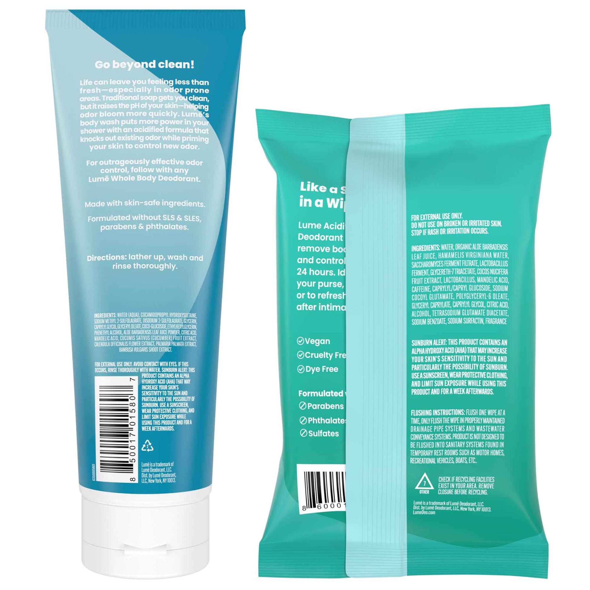Lume Acidified Body Wash & Flushable Deodorant Wipes - 24 Hour Odor Control - Hydrating Wash - Without SLS or Parabens - OB/GYN Developed - 8.5 Ounce (Unscented) 15 Count Wipes (Cool Cucumber)