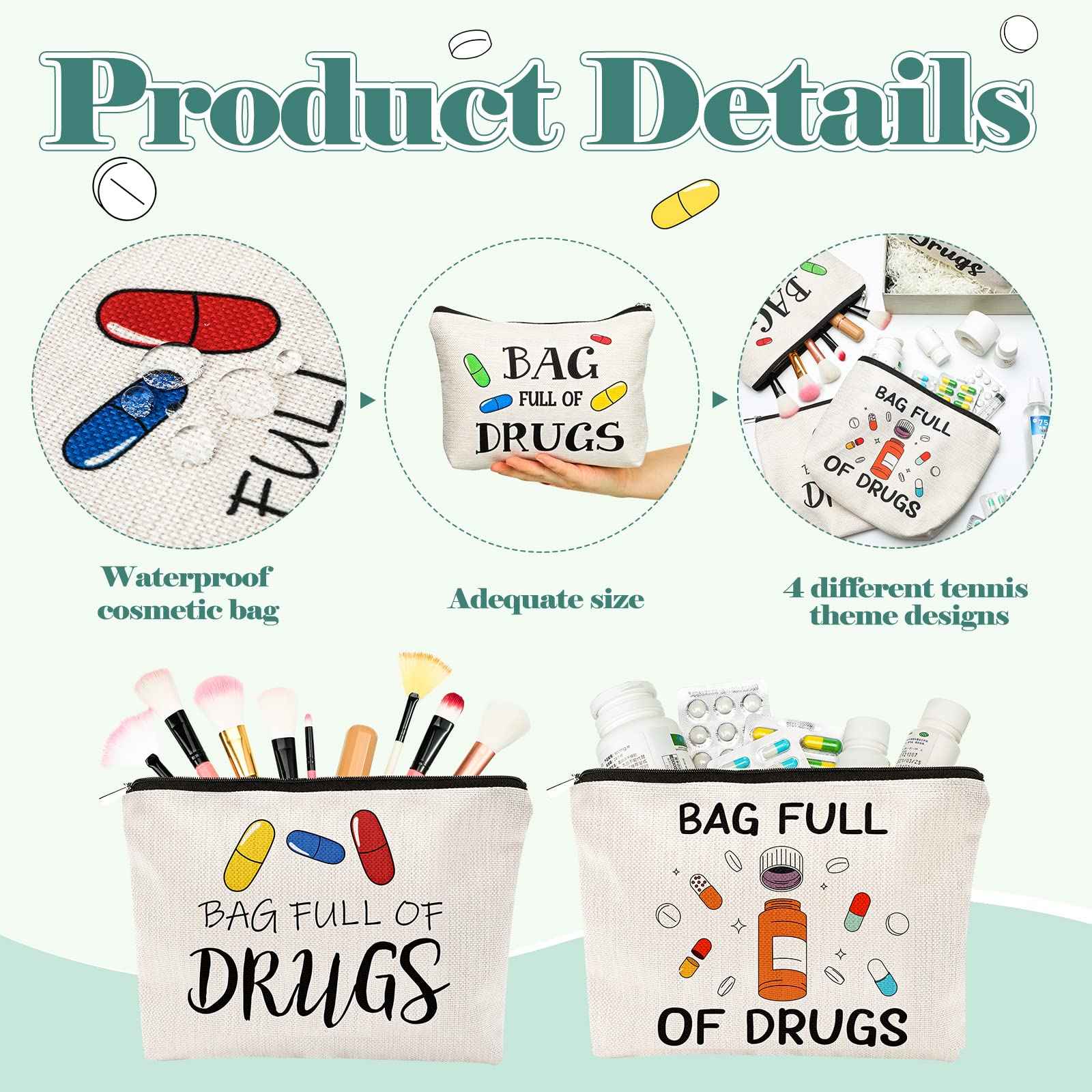 Hillban 4 Pcs Funny Medicine Bag Nurse Practitioner Gifts for Women Medicine Storage Pill Bag Travel Makeup Cosmetic Medication Bag Cute Zipper Pouch for Teens Patient Birthday Gifts