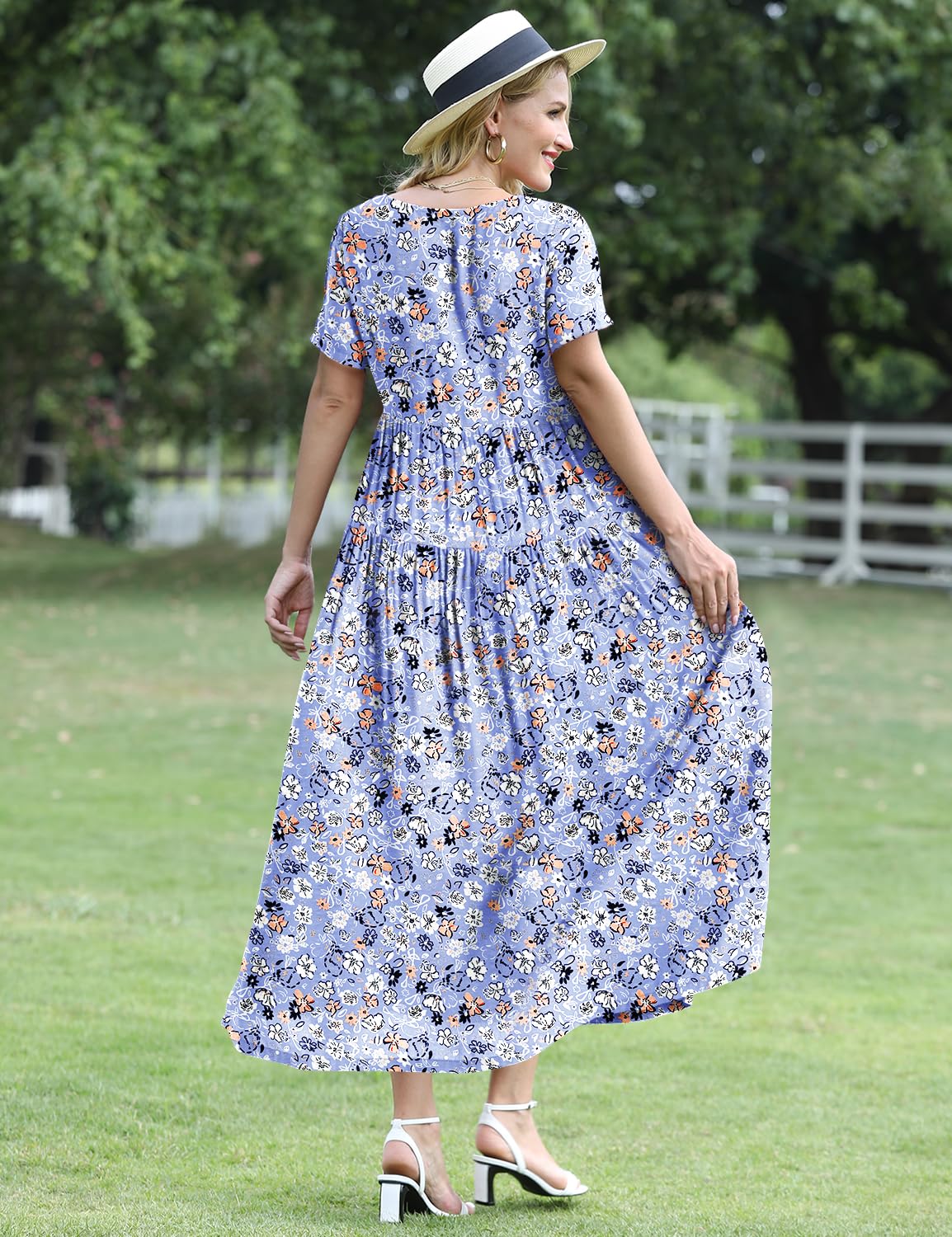 YESNO Women Casual Loose Bohemian Floral Dress with Pockets Short Sleeve Long Maxi Summer Beach Swing Dress S EJF CR347