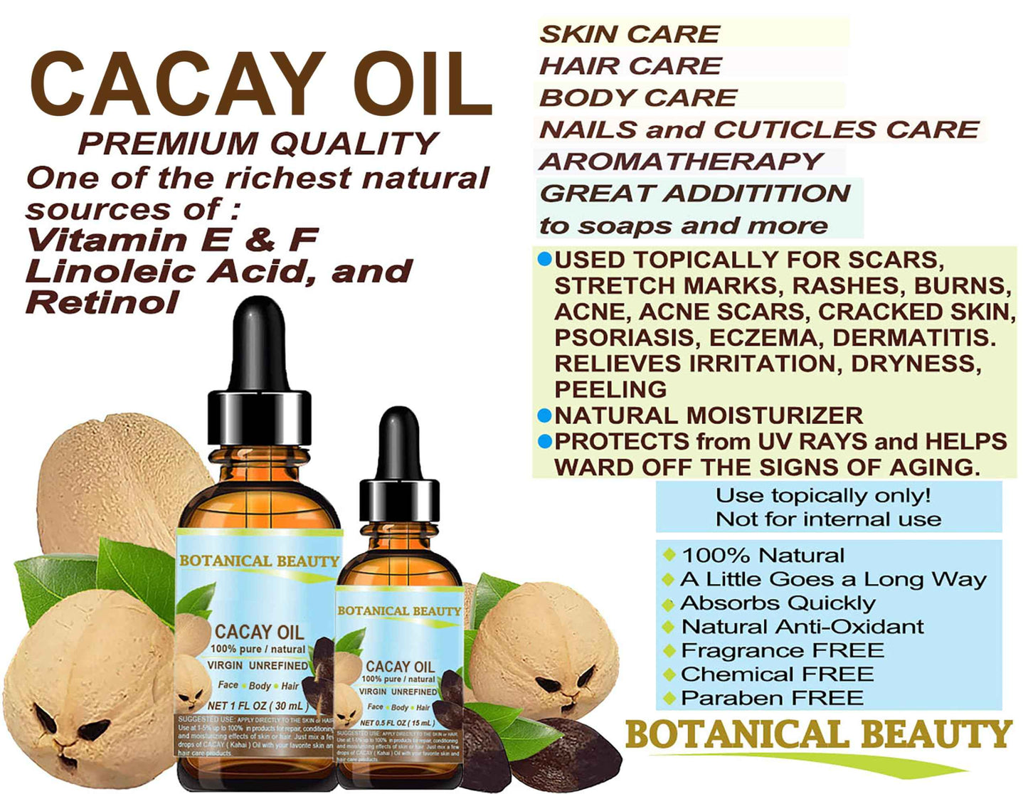 Botanical Beauty CACAY OIL 100% Pure Natural Virgin Unrefined Cold-pressed carrier oil WILD GROW 1 Fl oz 30 ml For Face, Skin, Body, Hair. Anti Wrinkle Face Oil Natural Retinol Vitamin A, Vitamin E