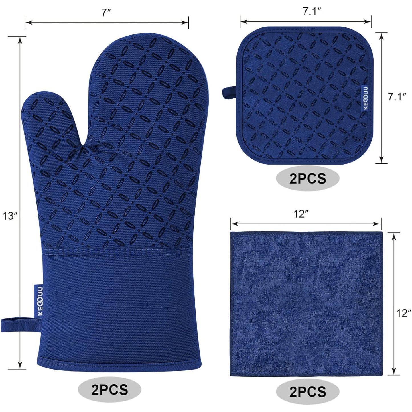 KEGOUU Oven Mitts and Pot Holders 6pcs Set, Kitchen Oven Glove High Heat Resistant 500 Degree Extra Long Oven Mitts and Potholder with Non-Slip Silicone Surface for Cooking(Marine Blue)