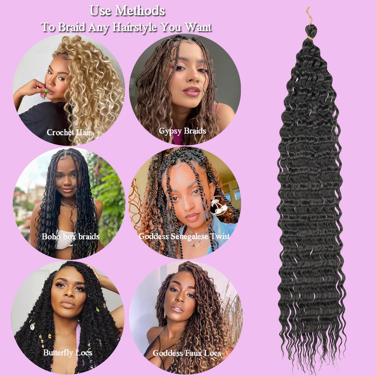 ZRQ Deep Wave Crochet Hair Natural Black 18 Inch 3 Packs Ocean Wave Curly Braiding Hair for Boho Braids Synthetic Curly Crochet Hair For Women #1B