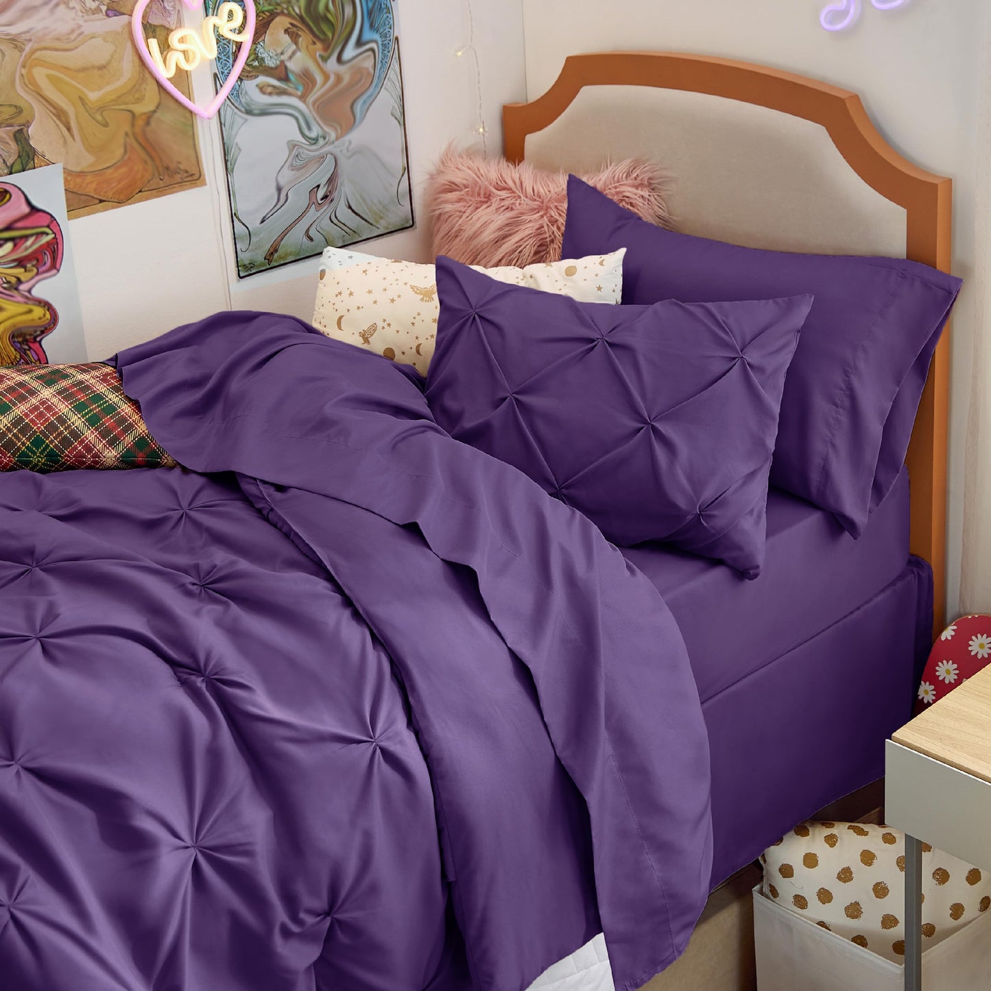 Bedsure Twin Size Comforter Set 5 Pieces - Pintuck Twin Bedding Set, Pinch Pleat Purple Twin Size Bed in a Bag with Comforter, Sheets, Pillowcase & Sham