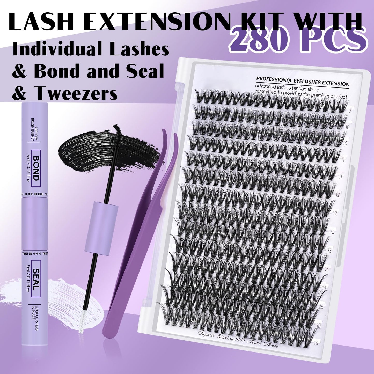 DIY Lash Extension Kit 280pcs Individual Lashes Cluster D Curl Eyelash Extension Kit Lash Clusters with Lash Bond and Seal and Lash Applicator Tool for Self Application (KIT,30D-D-9-16MIX)