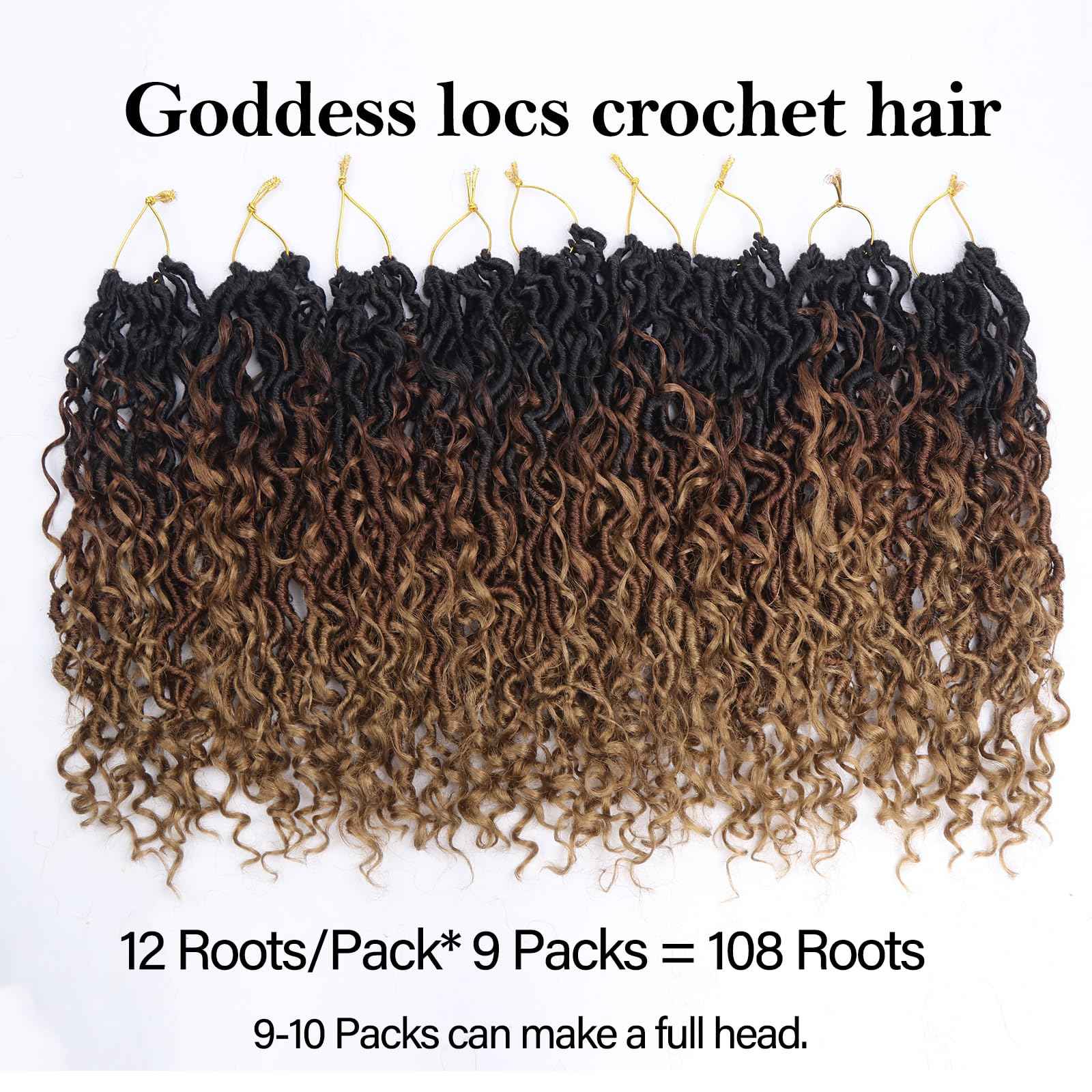 Sosihua Goddess locs crochet hair, 9 packs soft boho faux locs with curly ends bohemian crochet dreads for black women(14Inch,#1B-30-27)