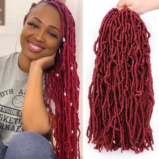 Leeven 18 Inch 7 Packs Synthetic New Soft Locs Crochet Hair 126 Roots Burgundy Messy Faux Locs Crochet Braids Hair For Women Curly Wavy Goddess Faux Locs Afro Roots Hair Extensions BUG#