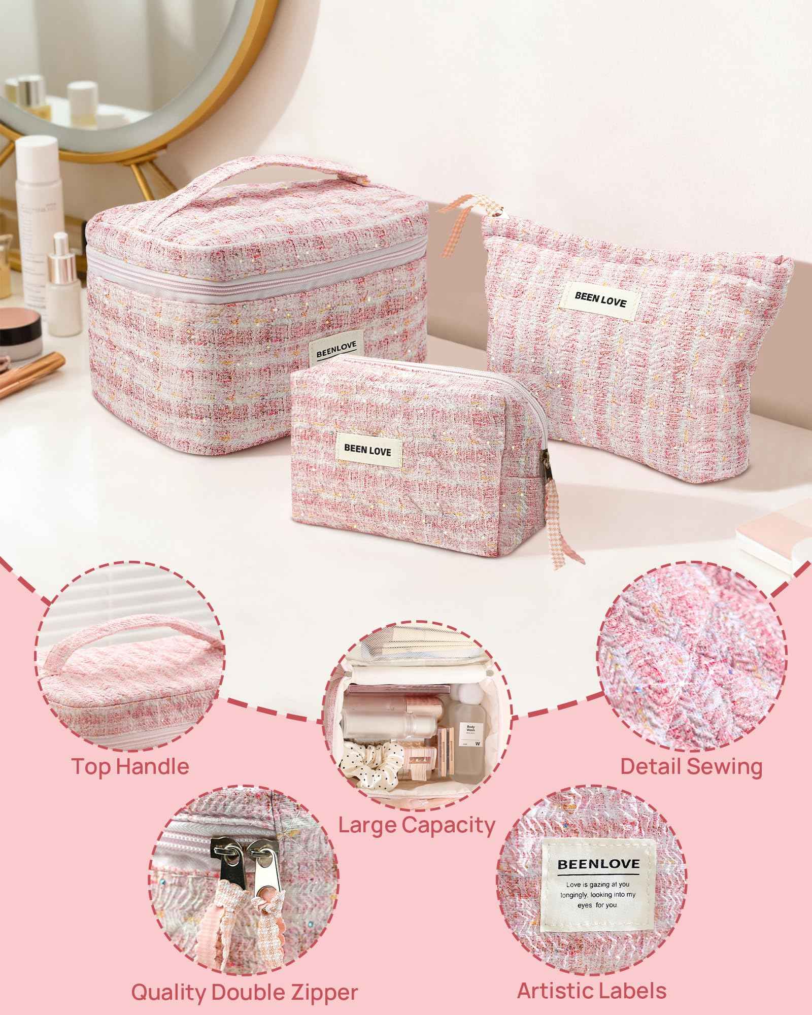 Makeup Bag Set 3 Piece Travel Toiletry Organizer-Portable Cosmetic Bag Set for Women Girls, Stylish Large Medium Small Makeup Pouches - Lightweight Beauty Storage Bags Gift for Teen, Daughter (Pink)