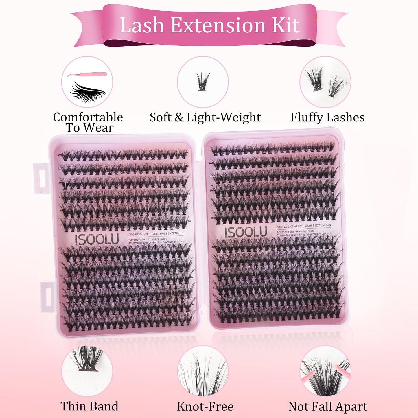 ISOOLU Lash Clusters Kit 480pcs DIY Lash Extension Kit Individual Eyelash Extension Kit,30D+40D 9-16mm with Cluster Lashes ，2pcs Bond and Seal，Lash Tweezers，Eyelash Brush.