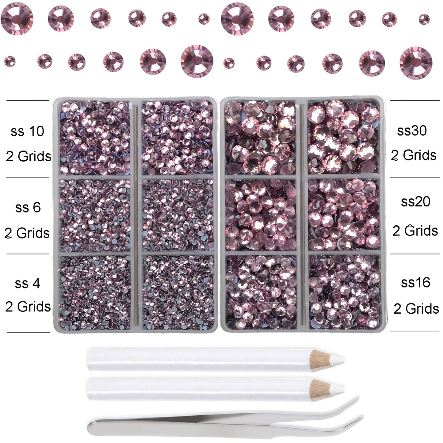 10000Pcs 2-Boxes Mixed Size Hot Fix Round Crystals Gems Glass Stones Hotfix Flat Back Rhinestones with tweezers and picking pencil (Light Amethyst)