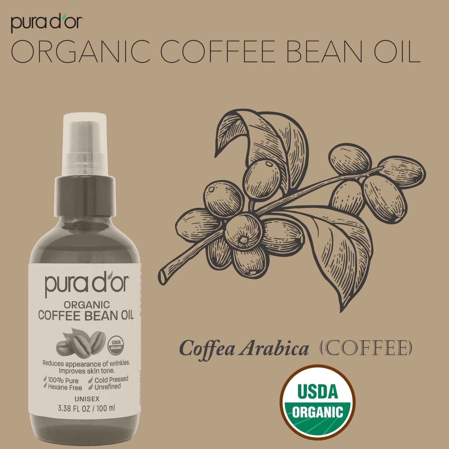 PURA D'OR 3.38 Oz ORGANIC Coffee Bean Oil - 100% Pure USDA Certified Premium Grade Natural Moisturizer, Cold Pressed, Unrefined, Hexane-Free Base Carrier Oil for DIY Skin Care For Men & Women