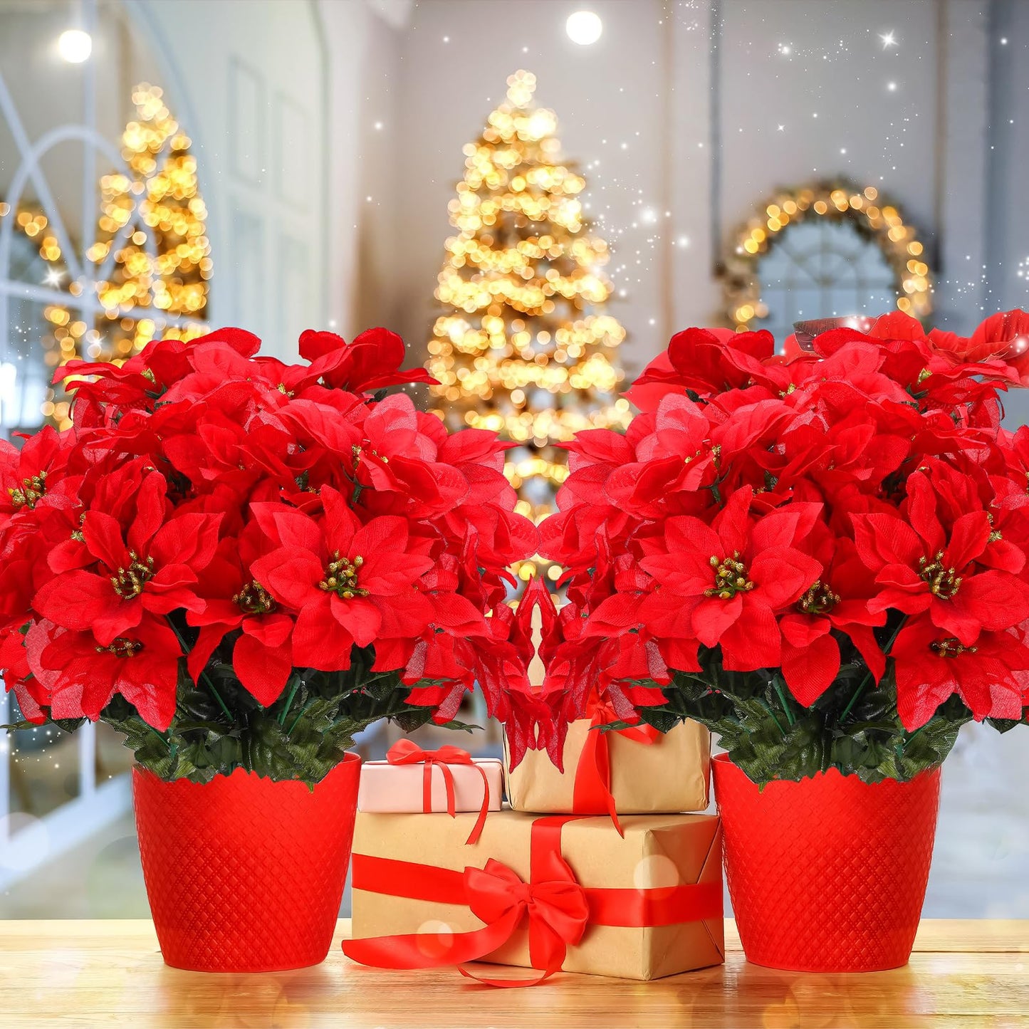 meekoo 48 Pcs Christmas Artificial Poinsettia Flowers 7 Heads Fake Flowers with Stem Poinsettia Christmas Tree Ornaments for Home Wedding Party Table Courtyard Outdoor Cemetery Decoration (Red)