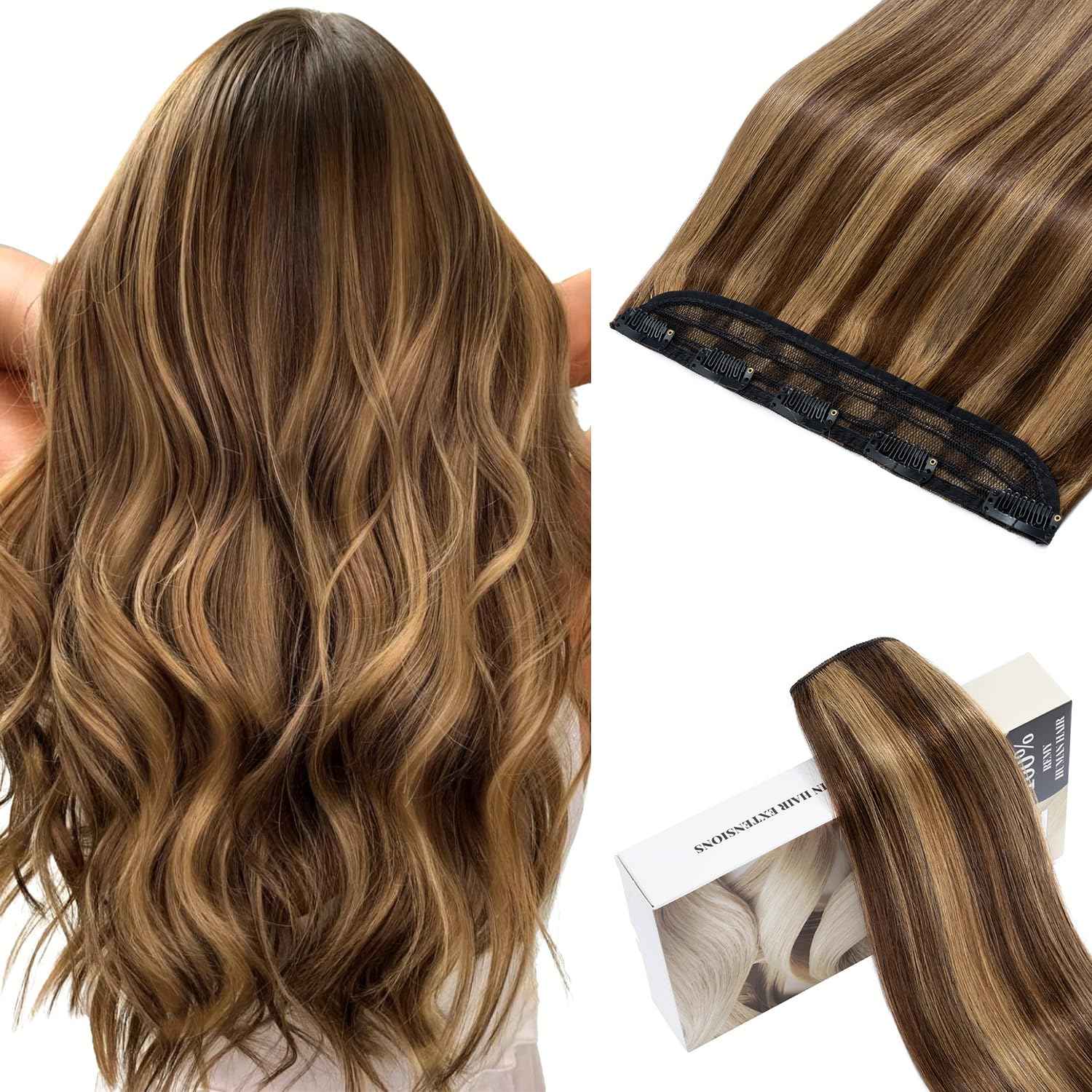 TESSHAIR 5 Clip One Piece Hair Extensions - 10 Inch Real Human Hair, 3/4 Full Head, 65g - Medium Brown Mixed Dark Blonde #4P27