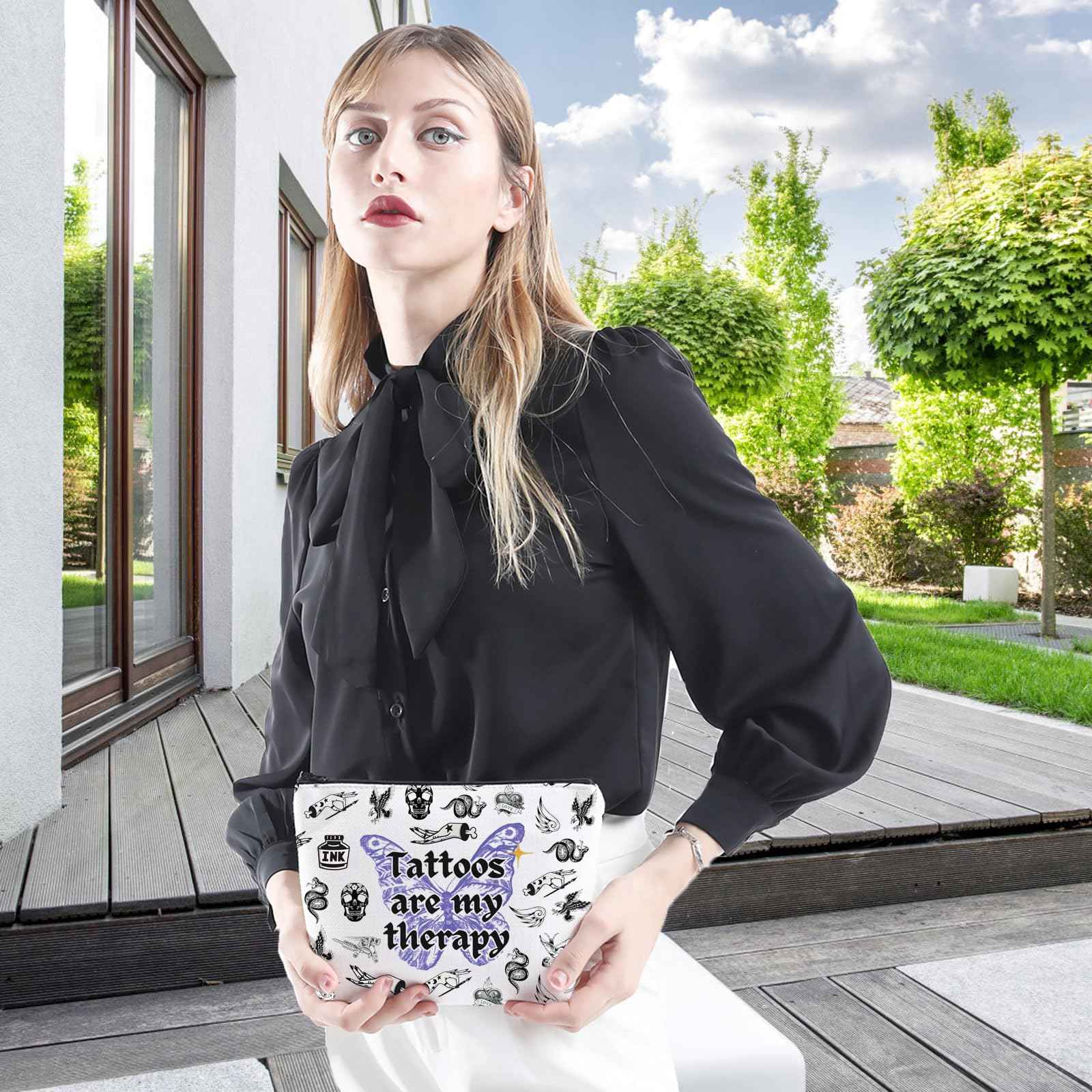 WCGXKO Tattoo Artist Gift Gothic Tattoos Are My Therapy Zipper Pouch Makeup Bag