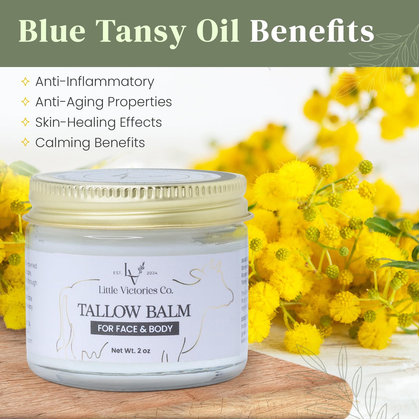 Organic Grass-Fed Beef Tallow for Skin - Whipped Tallow Face Moisturizer - Tallow Balm w/ Manuka Honey, Blue Tansy Oil, Organic Jojoba - 2oz Beef Tallow for Face - Beef Tallow and Honey Balm