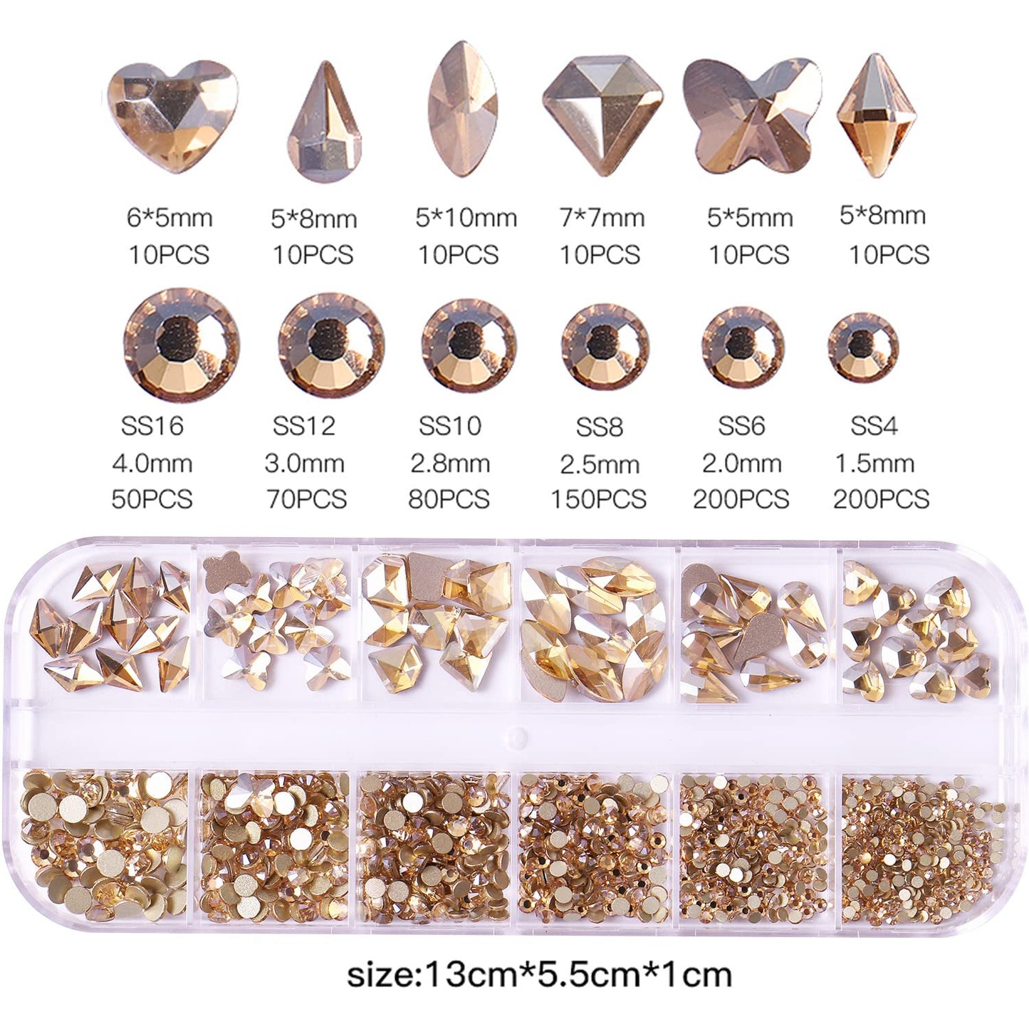 BELICEY Nail Rhinestones Kit 800PCS Multi-Shape Gold Rhinestones for Nail Crystals Decoration Nail Hearts Butterfly Charm Nail Dimond Gems Stone for Nail Art Jewels DIY Crafts Clothing