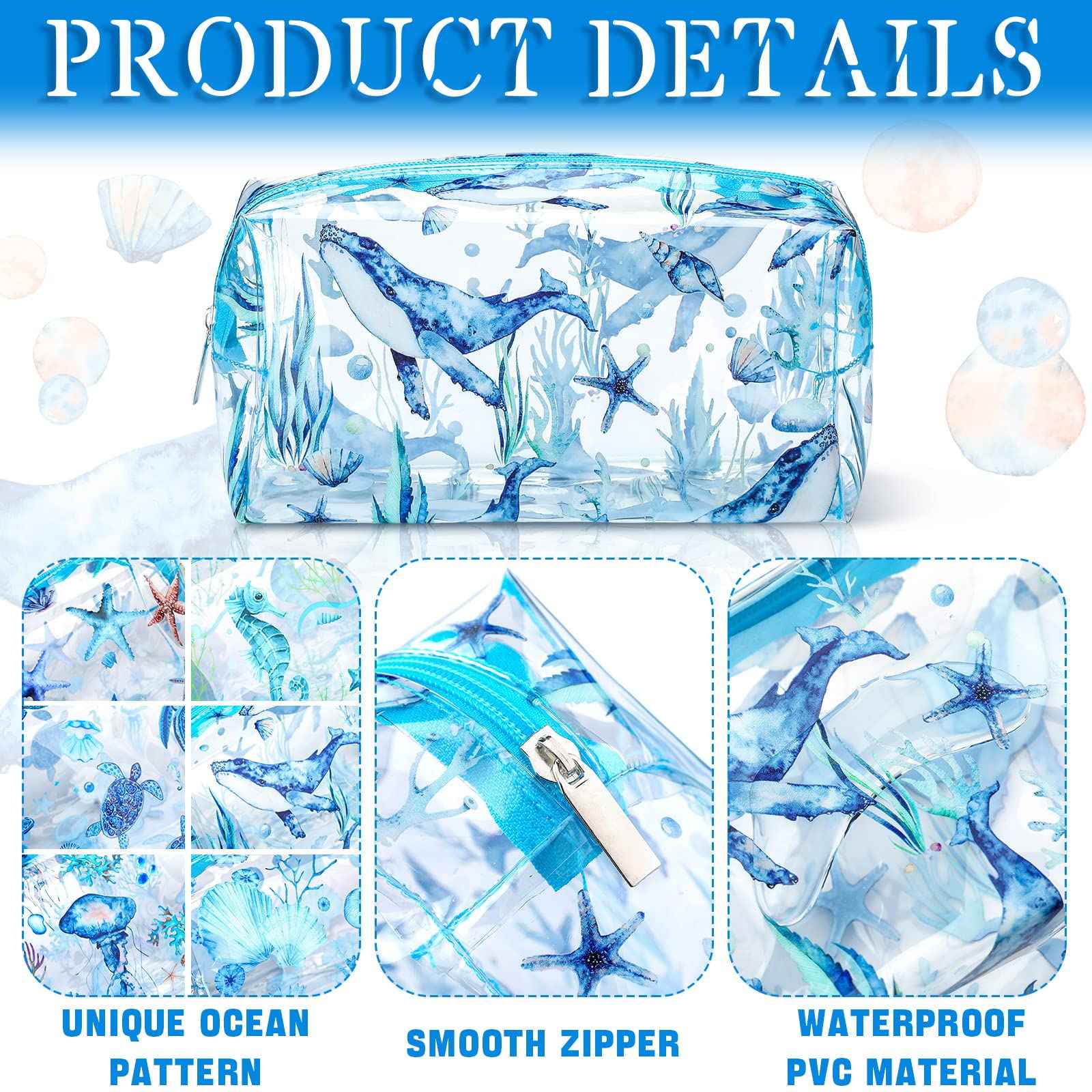 Kacctyen 6 Pcs Clear Makeup Bag Waterproof travel Cosmetic Thickened PVC Toiletry Beach Theme with Whale Starfish Turtle Ocean Sea Animals Print Beauty Cosmetic Makeup Bag Gifts