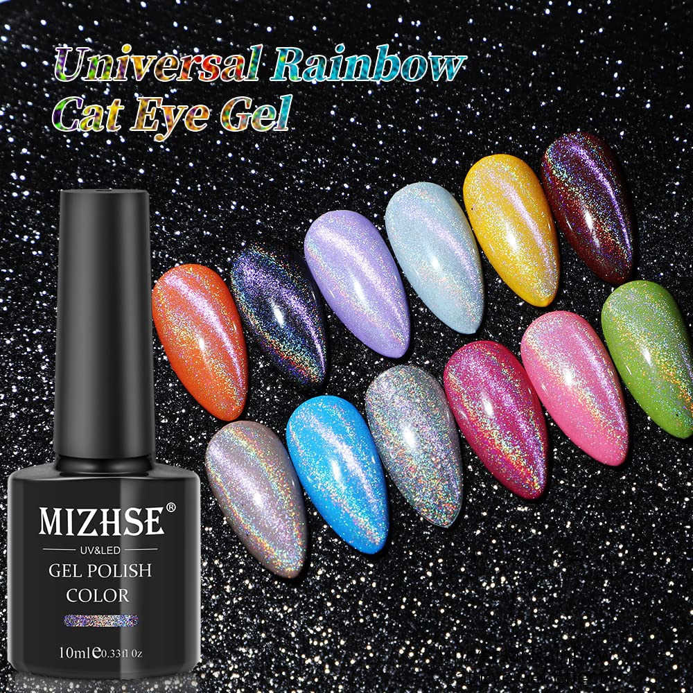 MIZHSE 10ml Universal Rainbow Cat Eye Gel Nali Polish Laser Holographic 9D Cat Eye Gel Polish Soak Off LED U V Gel Nail Art Varnish with Magnetic