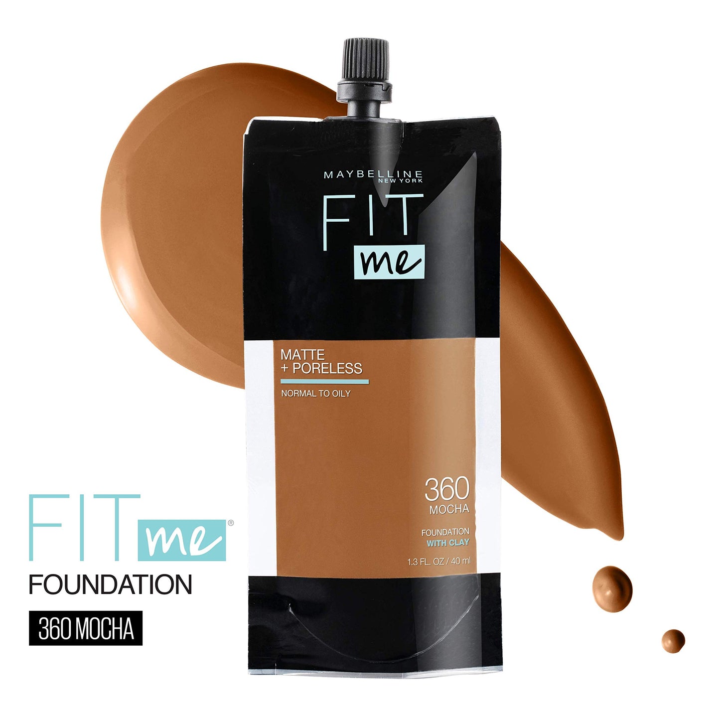 Maybelline New York Fit Me Matte + Poreless Liquid Foundation, Pouch Format, 360 Mocha, 1.3 Ounce