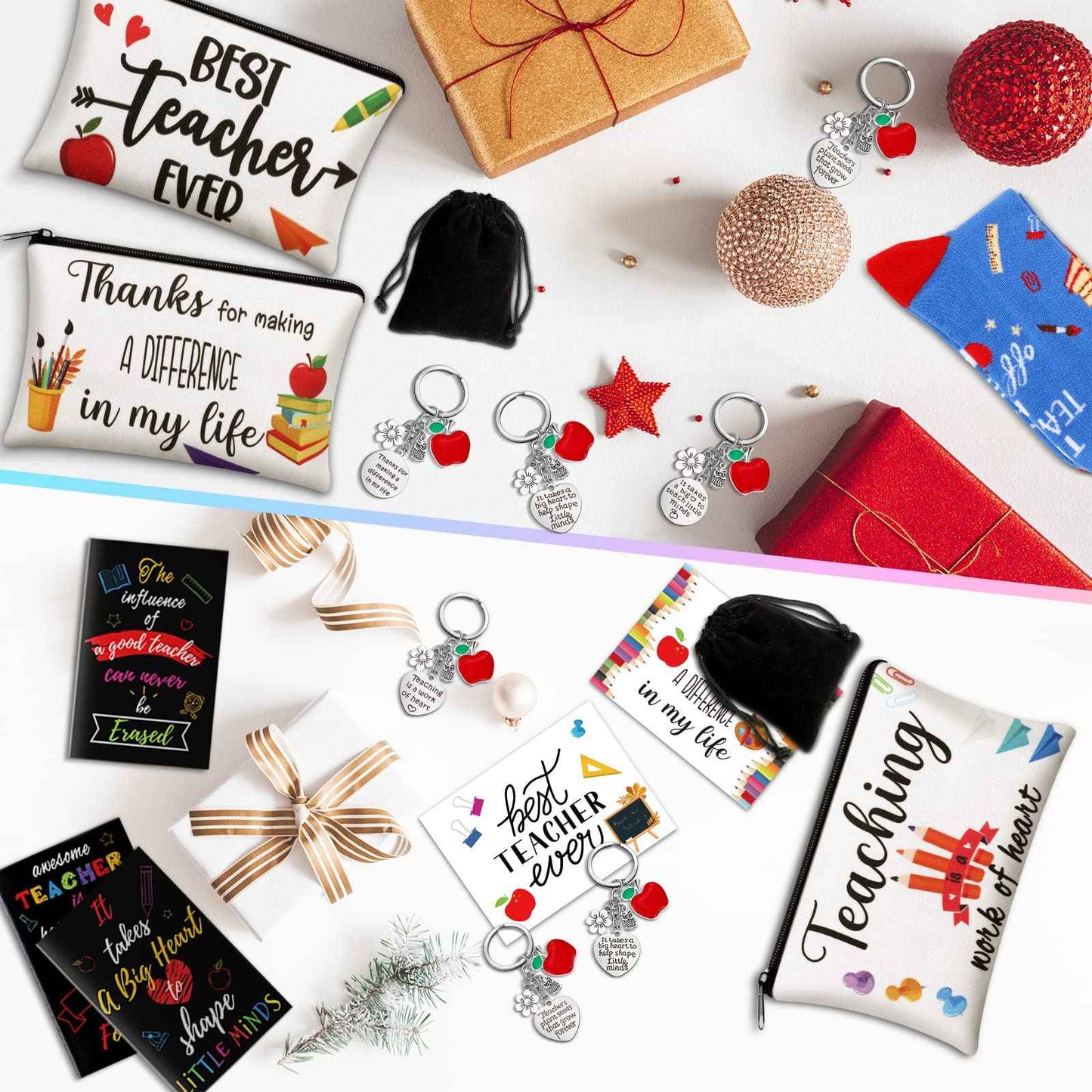 Eaasty 36 Sets Teacher Appreciation Gifts Bulk Makeup Pouch Cosmetic Pencil Bag Keychains Inspirational Notebooks Cards and Socks for Teacher Appreciation Graduation Gifts