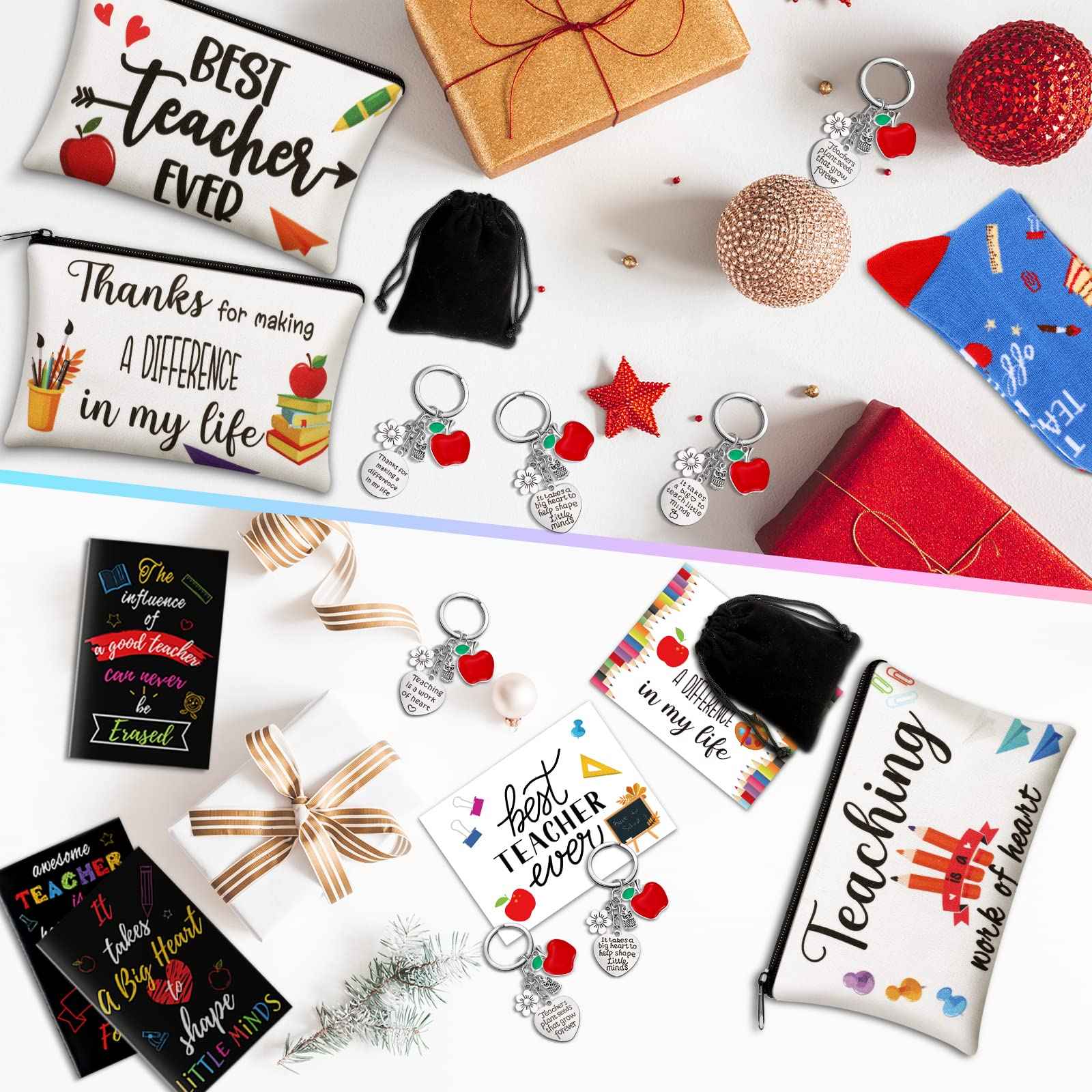 Eaasty 36 Sets Teacher Appreciation Gifts Bulk Makeup Pouch Cosmetic Pencil Bag Keychains Inspirational Notebooks Cards and Socks for Teacher Appreciation Graduation Gifts