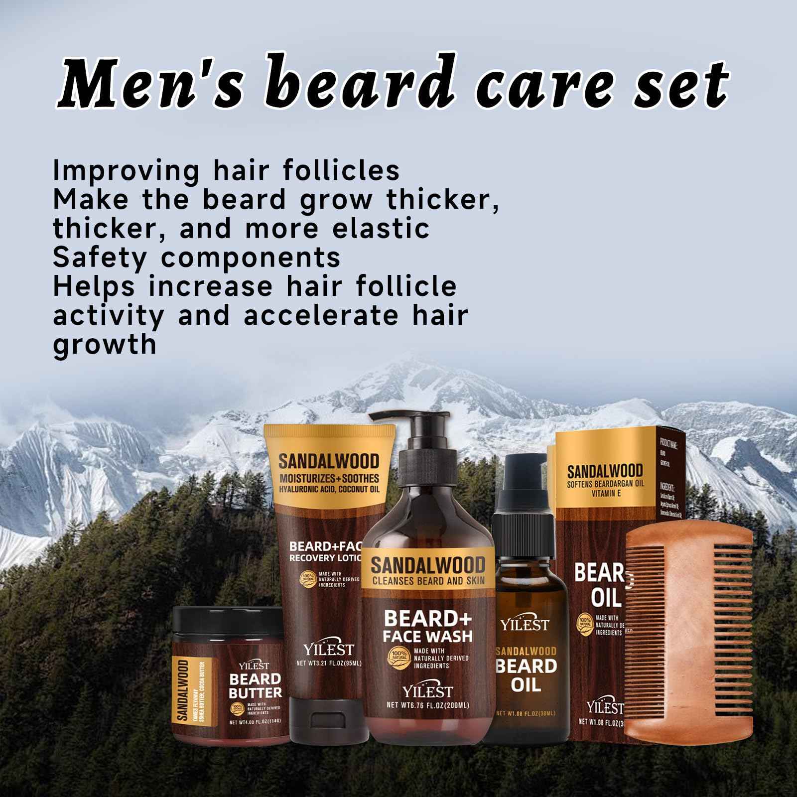 Sandalwood Beard Care Set | Nourish Follicles for Elastic Growth, Deeply Condition with Butter & Oil, Soothe Skin with Recovery Lotion & Gentle Wash