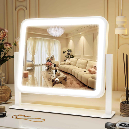 ROLOVE Vanity Mirror with Lights, 14"×12" LED Makeup Mirror, Lighted Makeup Mirror with Lights, Smart Touch Control 3 Colors Dimmable, Lighted Up Mirror for Makeup Desk, Bedroom, 360° Rotation