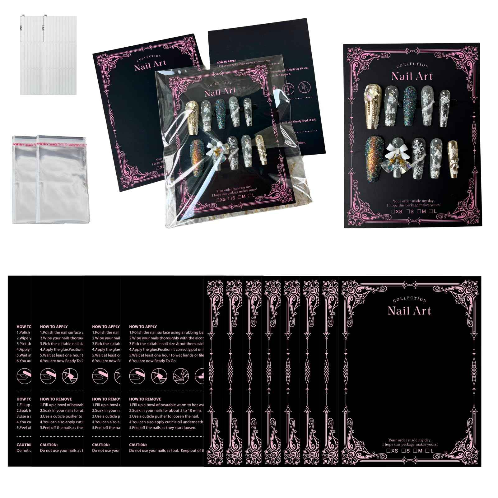 Press On Nail Packaging Kit for Long Nails – Y2K 50 Display Cards with Bags & Tape – Nail Tech Supplies for for Gothic & Baddie Nailfies Nail Salon Studio Manicure Business(Black, 3.54*4.7)