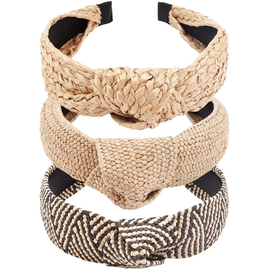 TOBATOBA Straw Headband for Women, 3Pcs Top Knot Headband, Summer Beach Headbands, Raffia / Rattan Headband, Boho Woven Headband No Slip