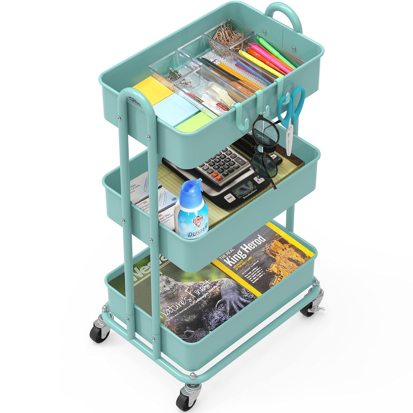 Simple Houseware Heavy Duty 3-Tier Metal Utility Rolling Cart, Turquoise