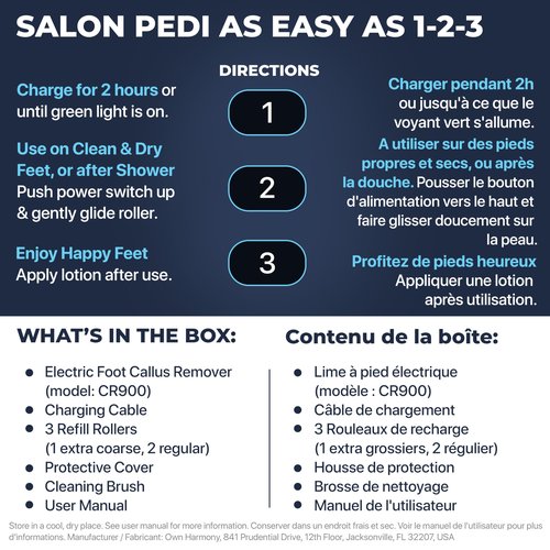 Electric Callus Remover: Rechargeable Electronic Foot File CR900 by Own Harmony(Tested Most Powerful) Best Pedicure Tools w 3 Rollers Professional Pedi Feet Care Sander for Cracked Heels and Hard Skin
