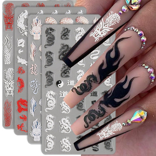 5D Embossed Dragon Nail Art Stickers for Nail Designs Black White Dragon Nail Stickers for Women Chinese Dragons Nail Decals for Nail Art Supplies Dragon Nail Sticker Manicure Stickers for Nails Decor