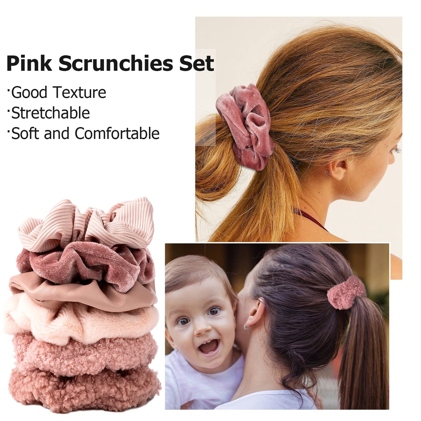 Scrunchies for Women Girls 6Pcs Large Velvet Scrunchies for Long Thick Hair Ultra Textured Soft Cotton Scrunchy Hair Ties Pink Hair Bands No Damage Ropes Ponytail Holders Bulk Cute Hair Accessories