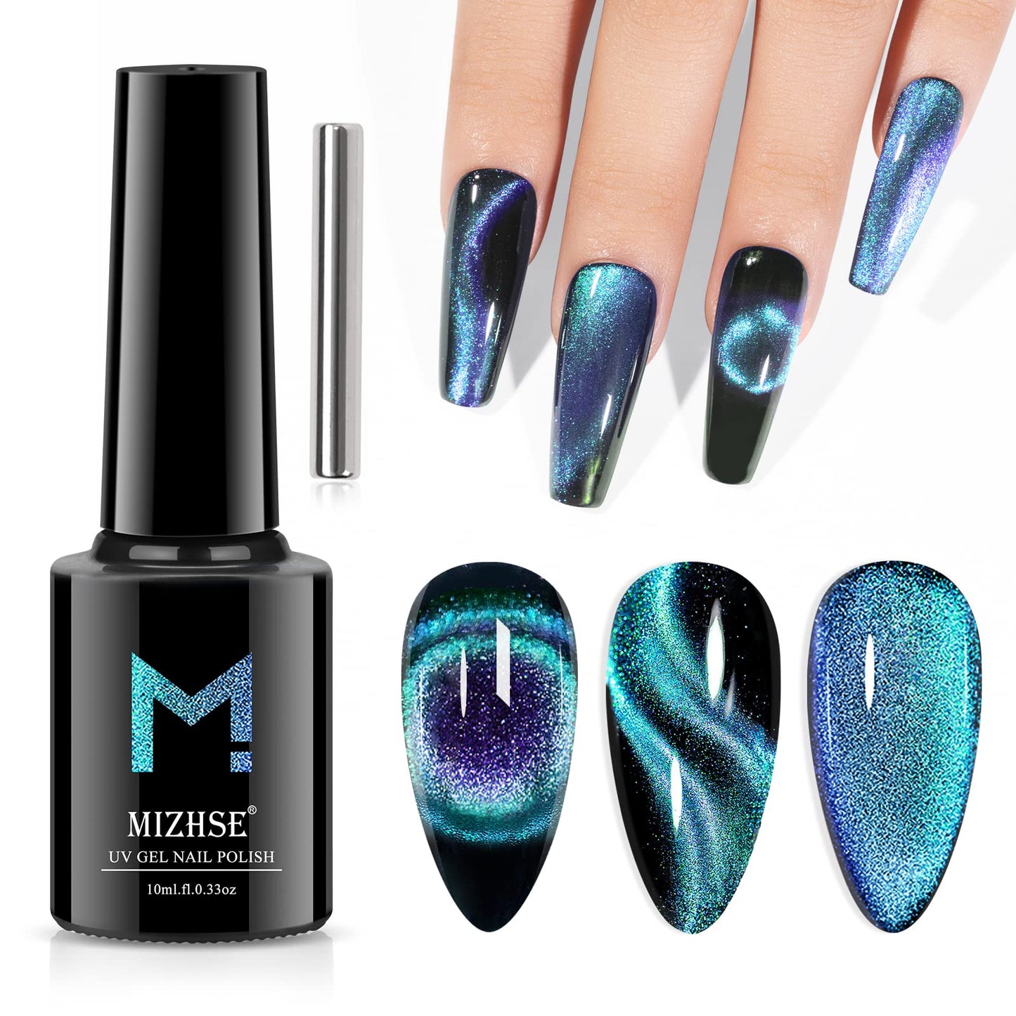 MIZHSE 9D Cat Eye Gel Nail Polish 10ml, Holographic Galaxy Cateye Magnetic Nail Polish Gel, Magic Chameleon Manicure Set(Cyan)