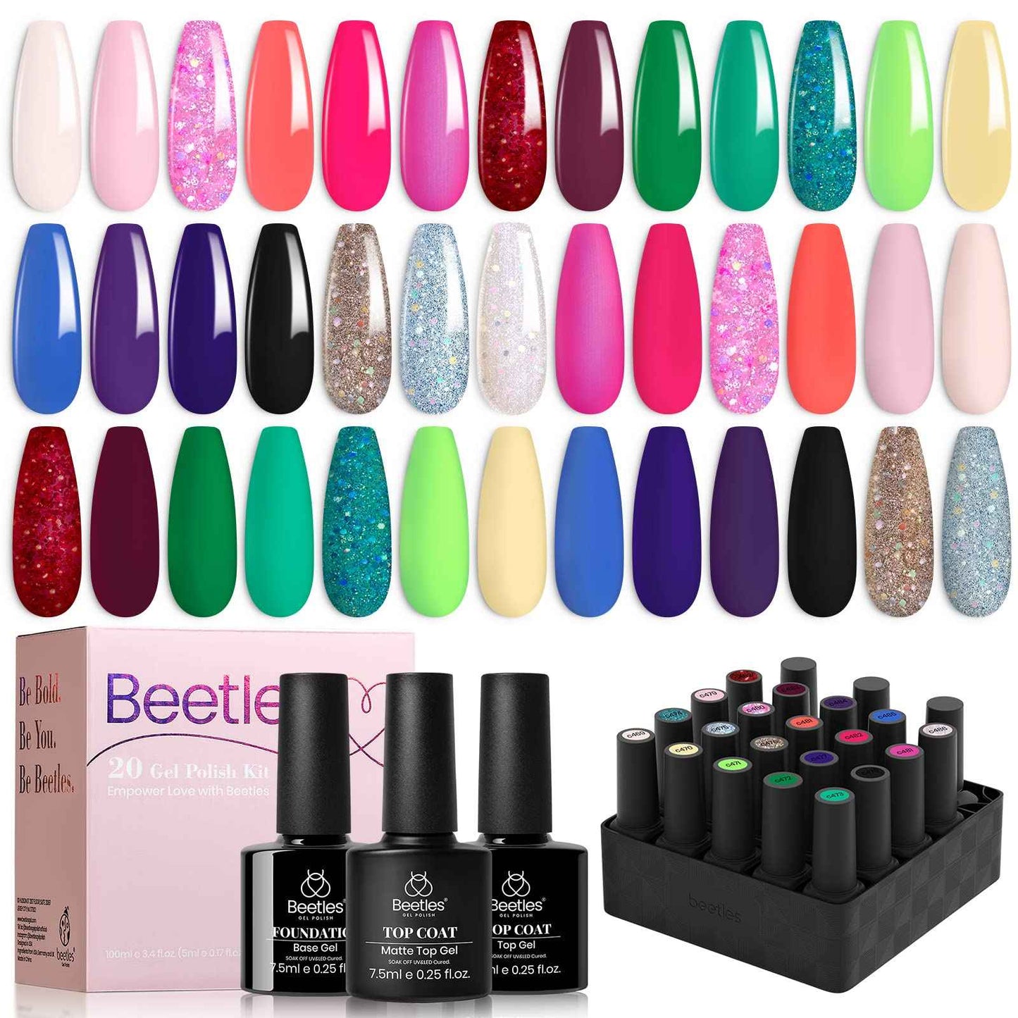beetles Gel Polish 20 Colors Gel Nail Polish Luxury Club Collection with 1 Pcs 15ml White Color Soak Off Gel Polish with Glossy & Matte Top Coat and Base Coat, Red Green Soak Off Shiny Blue Glitter
