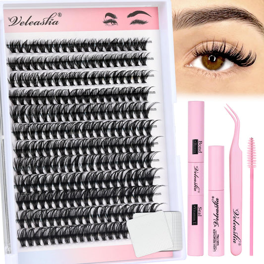 Veleasha DIY Lash Extension Kit 228Pcs D Curl Individual Lashes Kit Eyelash Extension Kit 40D Cluster Lashes Kit Wispy Fluffy DIY Lash Extension for Beginners(40DKit-0.07D-9-16mm)