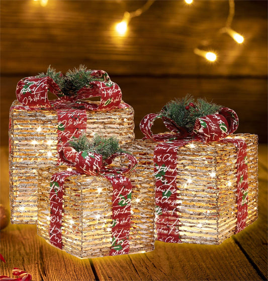 GLOWNOVA [Ultra-Large 15.5"x13.5"x11" Christmas Set of 3 Lighted Rattan Gift Boxes Decorations Pre-lit 91 Super-Bright LED with Flashers,for Indoor Outdoor Pathway Holiday Party Home(Warm White)